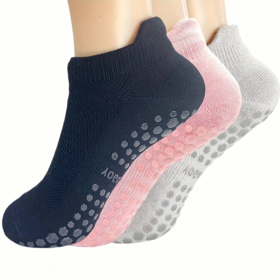 3 Pairs Non-Slip Dance Socks | Moisture-Wicking Breathable Sports Socks With Shock-Absorbing Function, Elastic Fit Design, Suitable For All Seasons, Black, Ideal For Yoga, Pilates And Other Workouts, Essential For Fitness Enthusiasts, Fashionable Style, Cushioned Sole, Durable Fabric, Breathable Material - Multicolor - View 1
