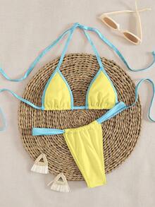 Bộ bikini tam giác siêu nhỏ màu trơn mới, kiểu dáng thanh lịch, buộc dây cổ, thích hợp cho mùa hè đi biển và du lịch. - Vàng xanh - Xem 2