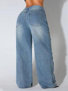 Low Waist Wide Leg Casual Blue Distressed Slant Pocket Curved Hem Women Jeans Spring - Baby Blue - View 2