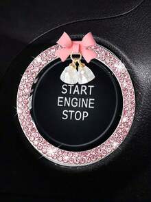 1pc Car One Click Start Decoration Sticker Interior Button Inlaid With Diamond Bow Crystal Bell Pendant Ignition Ring - 粉紅色的 - 查看 2