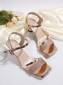 1 Pair Summer Shiny Rose Gold Sequin High Heel Sandals, Teenage Girls Strap Rhinestone Chunky Heel Open Toe Party Date Fashion High Heel Sandals - Champagne - View 8