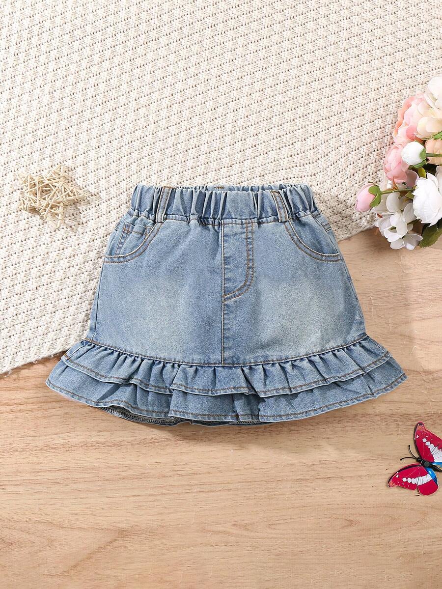 Girls' Denim Shorts With Ruffle Hem, Fashionable And Comfortable, Suitable For Casual Wear - Medium Wash - View 1