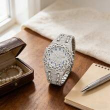 1pc Men's Quartz Watch, New Fully Diamond-Encrusted Strap, Iced-Out Hip Hop Large Dial Design, Personalized Mesh Inlaid Zirconia Dial, Party Watch, Gift For Men - 均碼 - 查看 7