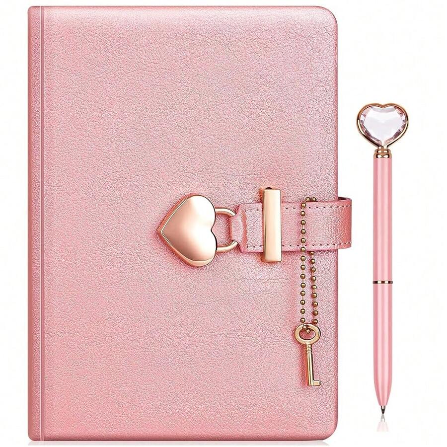 Tagebuch mit Schloss und Schlüssel PLUS Herz-Diamant-Stift,A5 Journal Notebook mit Herz Vorhängeschloss PU Leder,Notizbuch Abschließbares,Mädchen Kinder Geburtstag Geschenk-6285 - Perlmuttrosa - Übersicht 1