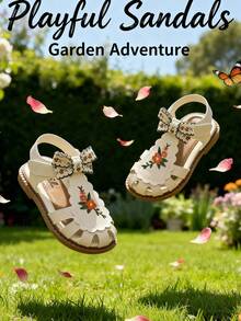 New Summer Girls Fashionable Closed Toe Sandals, Bowknot & Embroidered Flower Decor, Classic & Versatile, Soft & Non-Slip, Casual For Walking, Beach Vacation And Daily Wear - 米色 - 查看 7