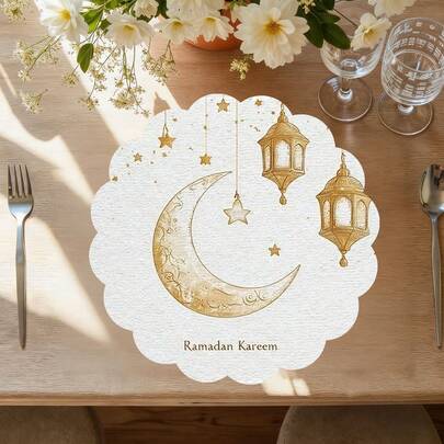 Bộ 1 đèn lồng trăng vàng, khăn trải bàn Ramadan bằng vải lanh trắng, kích thước 38cm*38cm, trang trí bàn ăn nhà bếp theo mùa, trang trí sum họp gia đình Ramadan, trang trí nhà cửa Ramadan.