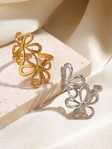 1pc 18K Gold Plated Stainless Steel Minimalist Floral Ring, Suitable For Women's Daily And Party Wear - Multicolor - View 4