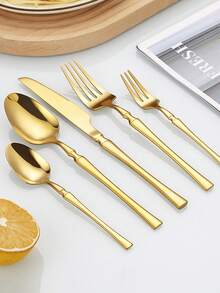15/30/40件套不锈钢餐具套装，刀叉勺西式餐具套装，适用于露营、野餐、户外厨房、家庭厨房、餐厅、酒店、婚礼等场合。 - 金色 - 查看 3