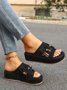 Women's Retro Fringe European & American Style Platform Mule Sandals - Black - View 6