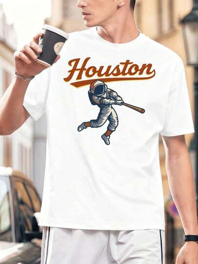Houston Astronaut Baseball-T-Shirt mit Grafik, 100 % Baumwolle, lockere Passform, bequeme Passform, Street Hip-Hop, Kunstdruck