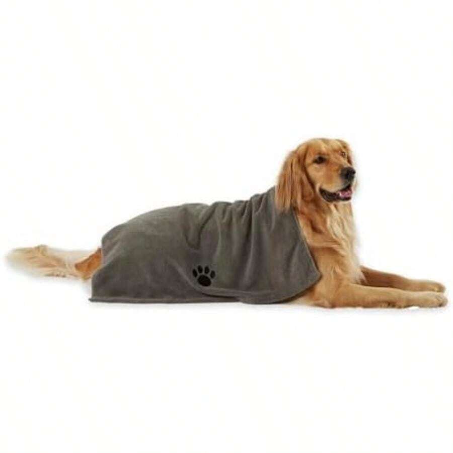 DII Bone Dry Microfiber Pet Bath Towel with Embroidered Paw Print, 44x27.5", Ultra-Absorbent & Machine Washable for Small, Medium, Large Dogs and Cats-Aqua Stripe(Grande Gris) - Multicolor - Ver 1