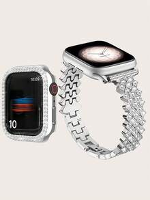 Bracelet de montre scintillant + Boîtier de protection double rangée de diamants creux compatible avec Apple Watch 38/40/41/42/44/45/49 mm compatible avec Apple Watch Series Ultra 10/9/SE/8/7/6/5/4/3. Bracelet de montre brillant à la mode pour femmes - Argent - Voir 8