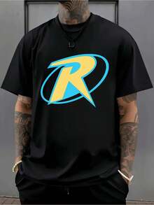T-shirt noir pour homme avec logo R, matière premium, coupe décontractée, style hip-hop urbain, confortable, imprimé graphique unique - Noir - Voir 1