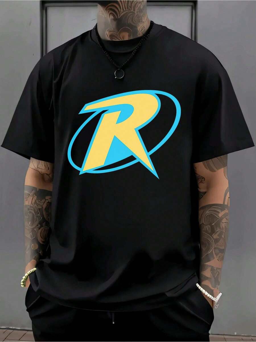 T-shirt noir pour homme avec logo R, matière premium, coupe décontractée, style hip-hop urbain, confortable, imprimé graphique unique - Noir - Voir 1