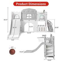 Tobogán infantil 8 en 1 con aro de baloncesto, volante, telescopio y túnel. Tobogán independiente para niños pequeños, ideal para interiores y exteriores. Incluye pelota y espacio de almacenamiento. - Gris - Ver 4
