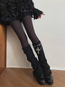 1双心形链条朋克哥特针织多层腿套，女士黑色哥特腿套，甜美前卫时尚必备单品，Y2K原宿亚文化喇叭腿洛丽塔腿套 - 彩色 - 查看 16
