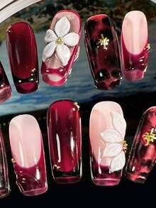 10pcs 3D Handmade Silk Flower Square Medium Nail Art, Red & Amber Color, Suitable For Women And Girls Daily Wear Nails Nail Supplies Handmade Press On Nails - 酒紅色 - 查看 3