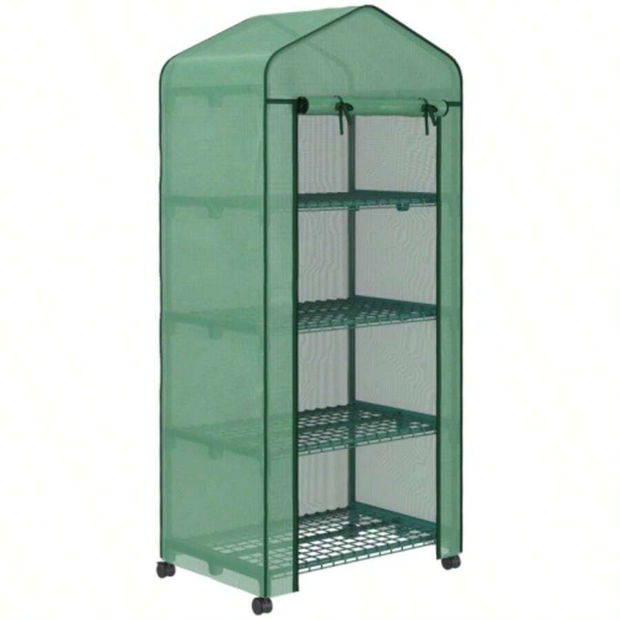 Aluminum Greenhouse, Mini Greenhouse, Cold Frame, 4 Shelves, 69 X 50 X 165 Cm, Green
