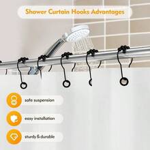12 ganchos para cortina de ducha, anillos de cortina de ducha, color negro, a prueba dex ido para barras de ducha, ganchos de ducha de metal, de deslizamiento suave y rpido - Negro - Ver 5