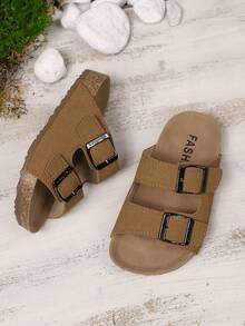 Summer New Kids Anti-Slip Soft Bottom Double Buckle Simple Fashion Flat Slippers Beach Sandals, Suitable For Beach Vacation - Brown - View 2