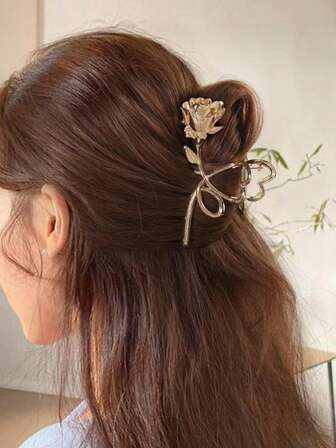 1pc Oversized Rose Flower Metal Vintage Aesthetic Hair Claw Clip, Elegant French Style Hair Accessory Women Hair Clip Casual Hair Clutch