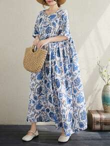 大码女式夏季长连衣裙，碎花图案，圆领，短蝙蝠袖，A字型，带口袋，无弹力梭织面料，喇叭裙摆 - 淺藍色 - 查看 2