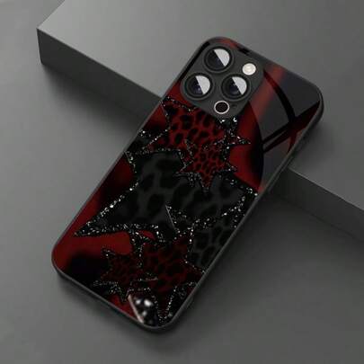 1pc Vintage Elegant Leopard Print & Starry Pattern Glass Material Phone Case, High-End Sophisticated Design Compatible With Apple, Tempered Glass Material