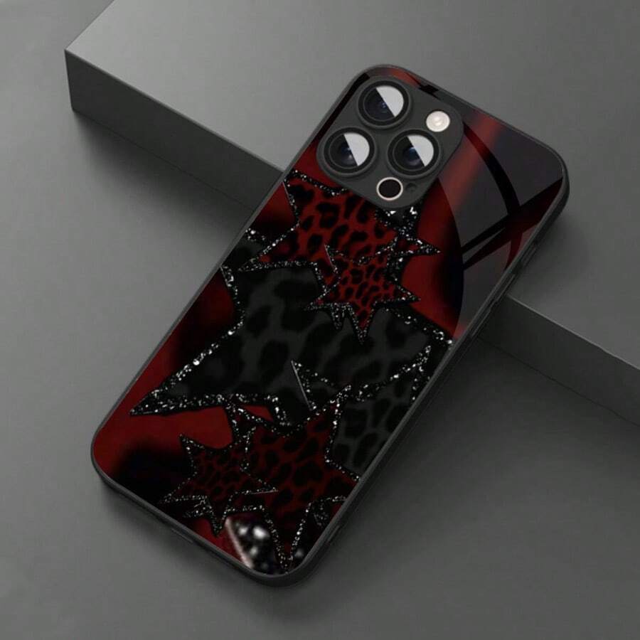 Shockproof Leopard Print Element Fashion Phone Case 1pc Vintage Elegant Leopard Print & Starry Pattern Glass Material Phone Case High-End Sophisticated Design Compatible With Apple Tempered Glass Material Spring Birthday Gift - Black - View 1