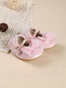 1 Pair Girls' PU Glitter Bow Mary Jane Flat Shoes, Sweet Princess Style, Suitable For 100 Days Celebration, Spring/Autumn - Pink - View 3