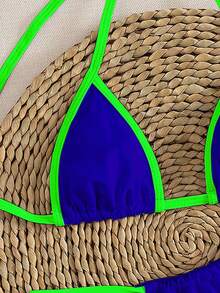Bộ bikini tam giác siêu nhỏ màu trơn mới, kiểu dáng thanh lịch, buộc dây cổ, thích hợp cho mùa hè đi biển và du lịch. - xanh lam-xanh lục - Xem 5