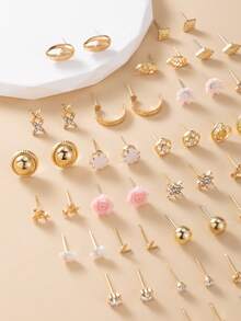 60pcs Fashion Metal Butterfly, Heart, Rhinestone, Moon, Bow Knot, Flower Stud Earrings Set, Jewelry Gift, Suitable For Daily Wear - Multicolor - View 3