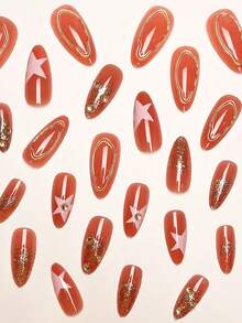 24片/套 华丽优雅粉色星星3D水钻金色线条点缀杏仁形美甲贴片，包含甲油胶和指甲锉，适合女孩/女士日常、派对、秋季美甲用品 - 彩色 - 查看 2