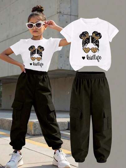 Toddler Girls' Cartoon Print Round Neck Short Sleeve Top And Cargo Pants Set