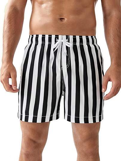 MAISONFOX Quần short nam dáng casual thắt dây rút kẻ sọc có túi, kiểu dáng casual cho khu nghỉ dưỡng, quần short đi biển, kiểu Hawaii, quần bơi kẻ sọc, đồ bơi đi hồ bơi mùa hè, đồ mặc nhà nghỉ dưỡng, quần short đi biển thoải mái, quần short đi nghỉ mát.