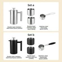双层不锈钢法式滤压咖啡壶套装，含2个保温杯和量勺 - 哑光黑或拉丝银 - 彩色 - 查看 4