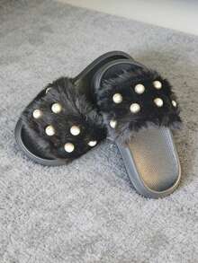 1 Pair Winter Girls Kids Fashion Slippers, EVA Ultra-Light Sole, Suitable For Toddlers & Little Kids Indoor Slippers - Black - View 2