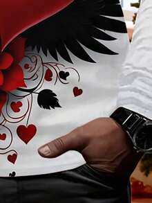 Men'S 3D Digital Print Valentine'S Day T-Shirt - Black & White Heart Wing Design With Red Accents,  Long Sleeve Round Neck Casual Shirt- Creative Gift - 混合色 - 查看 4