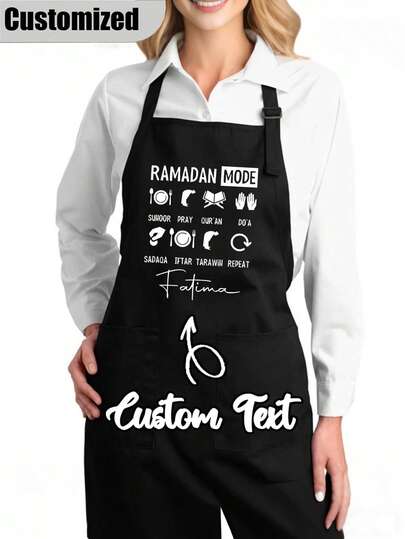 Customizable Waterproof And Oil-Resistant Apron, Polyester Fabric Apron For Women, Ramadan Cooking Apron, Minimalist Black Apron With Pockets, Customizable Logo And Text, Chef Apron, Islamic Gift, Ramadan Gift, Unique Gift For Her, Chef, Mom, Dad, Husband, Girlfriend, Boyfriend, Wedding Gift, Household Chore Uniform, Kitchen Supplies, Family Harmony