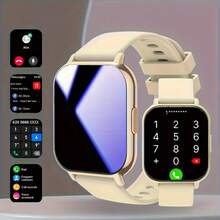 1.83英寸全触控屏智能手表，兼容和Android 5.2及以上系统的智能手表，内置180mAh电池，支持语音控制、通话/接听、人工智能助手、超过100种运动模式、计步器，男女皆宜。