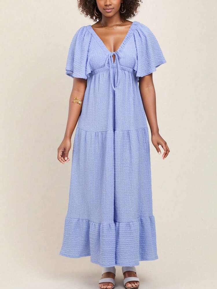 Vestido de maternidad de unicolor con tejido de punto bohemio, volante en el bajo, para usar de vacaciones en primavera/verano - Azul celeste - Añade 6