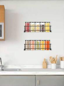 1 Or 2 Pieces Black/Silver Box Iron Spice Rack, With Two Installation Methods: No-Hole Adhesive And Screw Hole, Space-Saving Spice Jar Rack, Cabinet Door Wall Storage Herb Cabinet Wire Spice Rack Design, Suitable For Kitchen Drawer Door - Multicolor - View 4