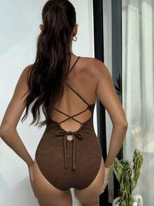 女士休闲吊带露背搭扣针织比基尼泳衣，中等弹力面料，吊带设计 - 咖啡棕 - 查看 3