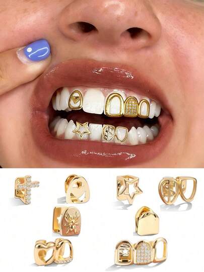 8pcs Fashionable Hip Hop Hollow Gold Teeth Grillz, Unisex, Reusable, Tooth Decoration, Teeth Grills With Mold, Halloween Party Accessory