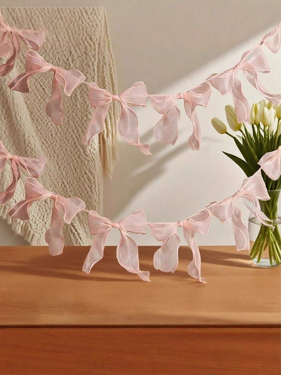 12pcs/Set Chiffon Bow Floral Wreath, Pink Bow Garland Decor Ribbon Wreath For Party, Birthday, Wedding, Engagement, Anniversary, Bridal Shower, Bachelorette Party - Multicolor - View 1