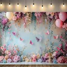 1 Pancarta decorativa de fiesta con rosa rosa, mariposa y flores - Decoración de tela de poliéster ligera, adecuada para cumpleaños, bodas, cafés y decoración del hogar. No se requiere energía, fácil de colgar en interiores o exteriores. Decoración de evento de estilo soñador, disponible en varios tamaños. - Multicolor - Ver 3