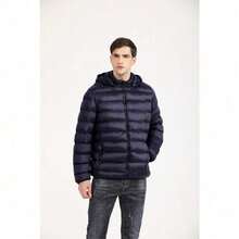 Lightweight Men's Puffer Jacket – Hooded Cotton-Padded Zipper Coat For Winter Cold Weather, Comfortable Travel Outerwear & Christmas Gift Option - Xanh đậm - Xem 7