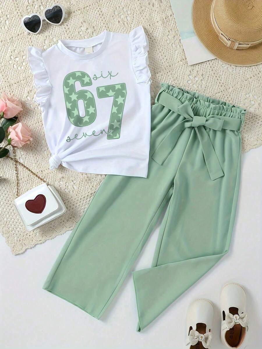 Young Girl Numeric Print Round Neck Tank Top And Pants Casual Set - White - View 1