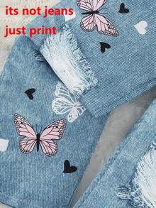 بنطلون طباعة مزيف طويل + قميص كاجوال بطبعة فراشة للفتاة الصغيرة، ملابس يومية مريحة، مناسبة للارتداء في الخارج خلال فصلي الربيع والصيف - وردي فاتح - مشاهدة 7