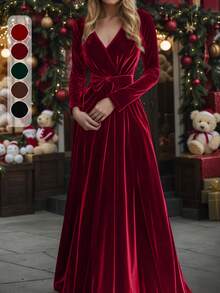Elegant Women's Long Vintage V-Neck Belted Bowknot Dress - Fitted Silhouette, Perfect For Parties And Social Events - Minimalist Vintage Style - The Perfect Choice For Christmas