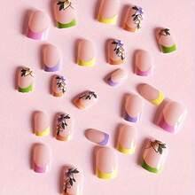 48pcs 2 Box Glossy Short Square Fake Nails, Colorful French Pointed Pressed Nails With Floral Design, Perfect For Girls' Daily Gatherings, Photography, Festivals And Parties - 48 chiếc - Xem 2